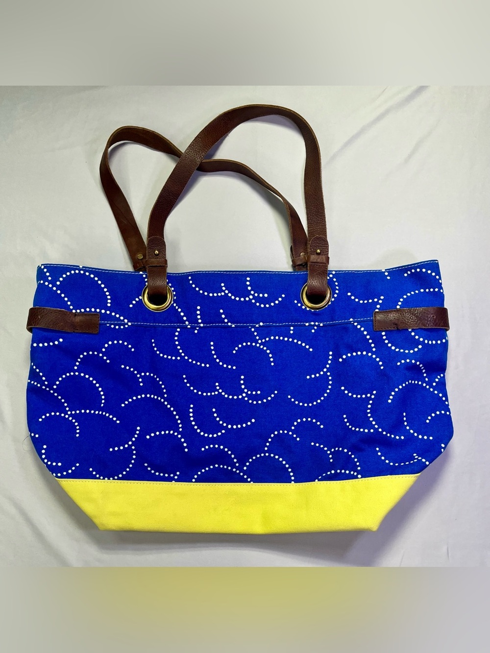 Boden Blue & Yellow Canvas Tote Bag Brown Leather Straps